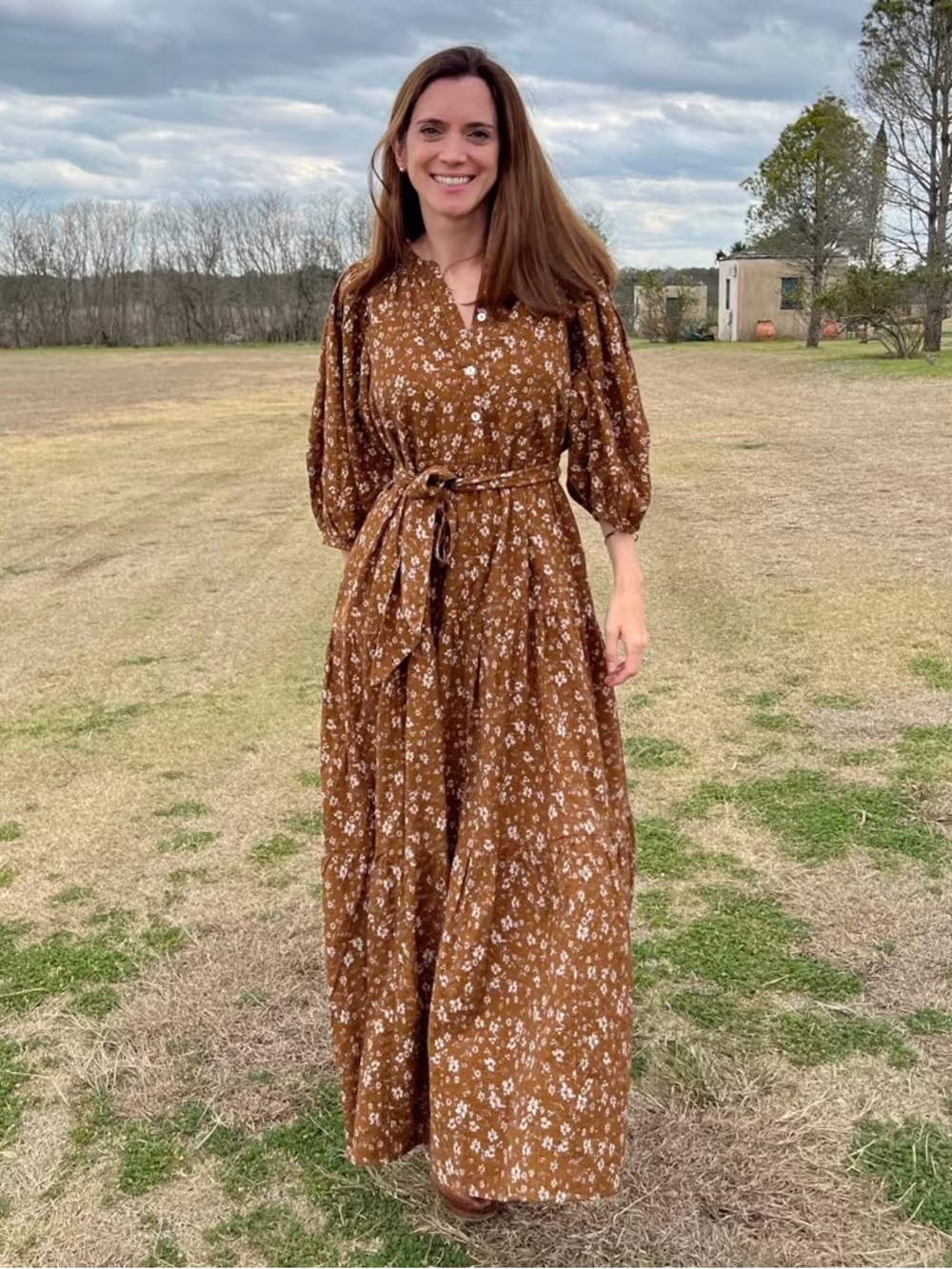 HarperSage First Impressions Brown Ditsy Floral Tiered Dress Sz Small Cotton